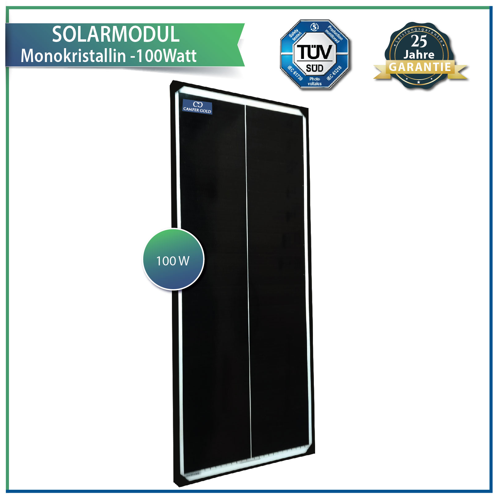 100W Monokristallin Solarmodul Solarpanel 12V für Camper, Camping , Garten Schwarz