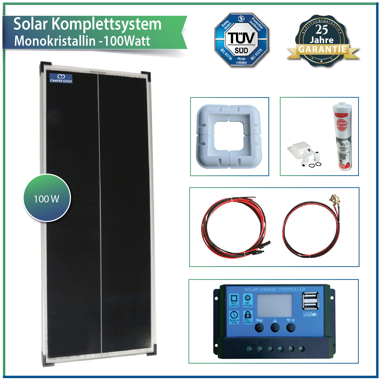100 Watt Solar Komplettsystem für Camper, Wohnwagen & Wohnmobile